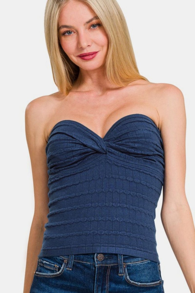 Zenana Ruched Twisted Sweetheart Neck Top for Women - Love Salve